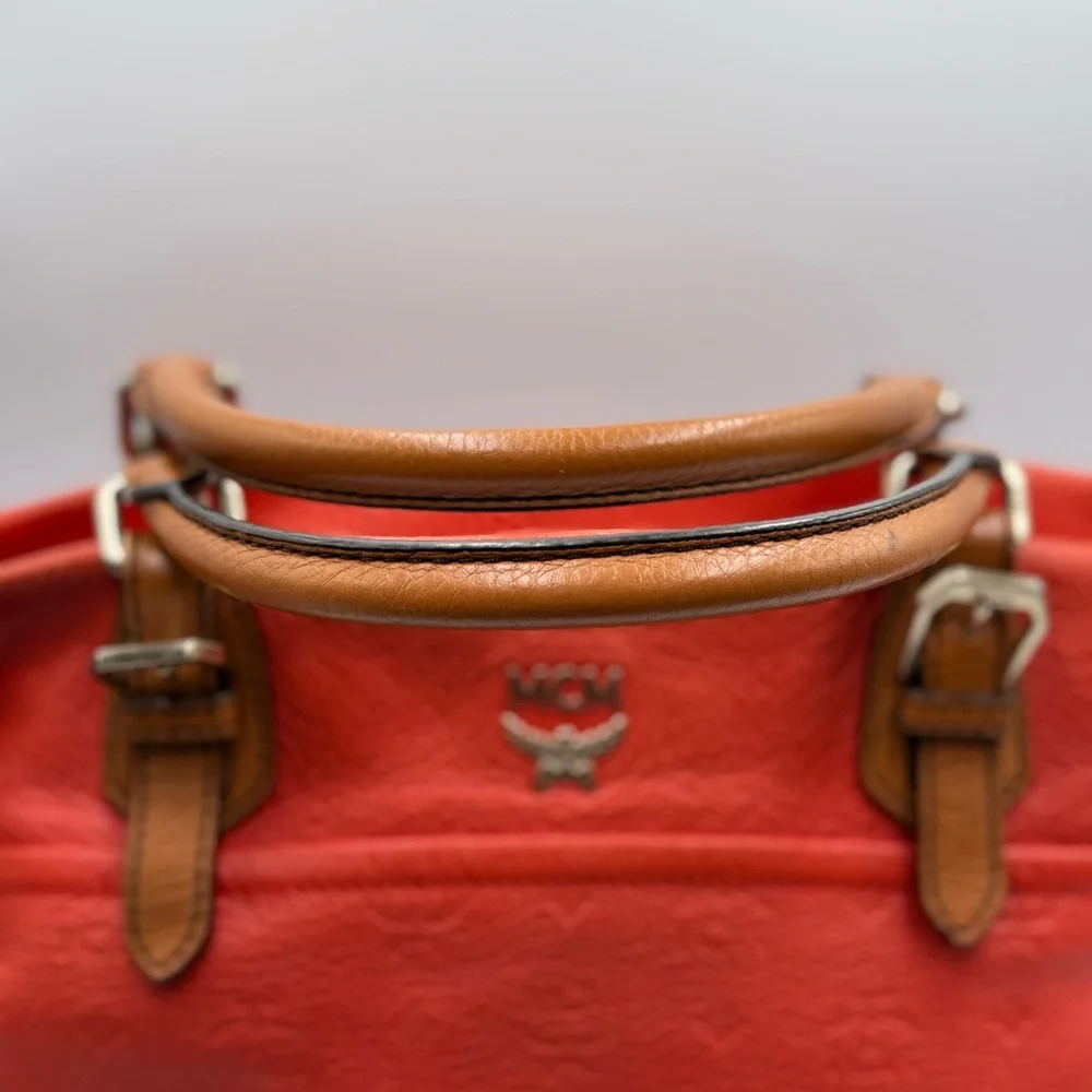 MCM Large Orange Embossed Leather Satchel two-way carry - Picture 4 of 11